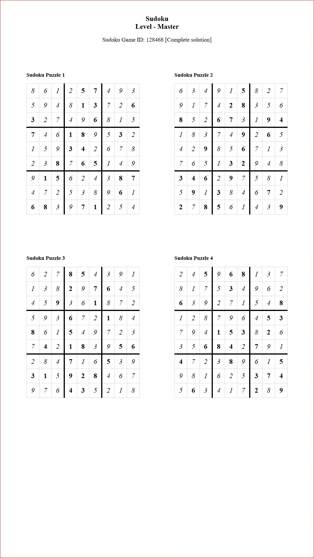 Solution of Sudoku Puzzles 4 per Page Master Level pdf [Game ID: 128468] Document