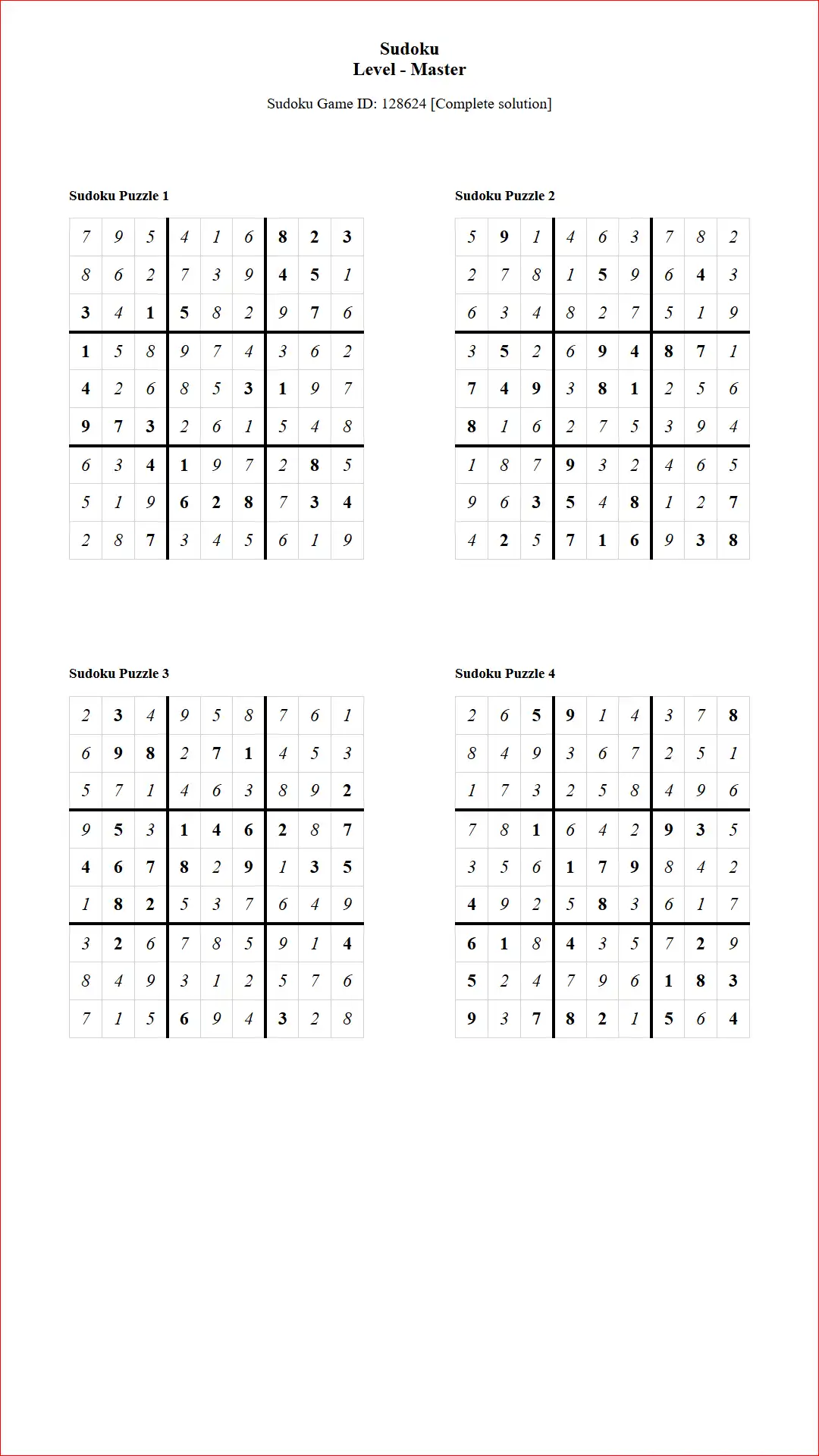Solution of Sudoku Puzzles 4 per Page Master Level pdf [Game ID: 128624] Document
