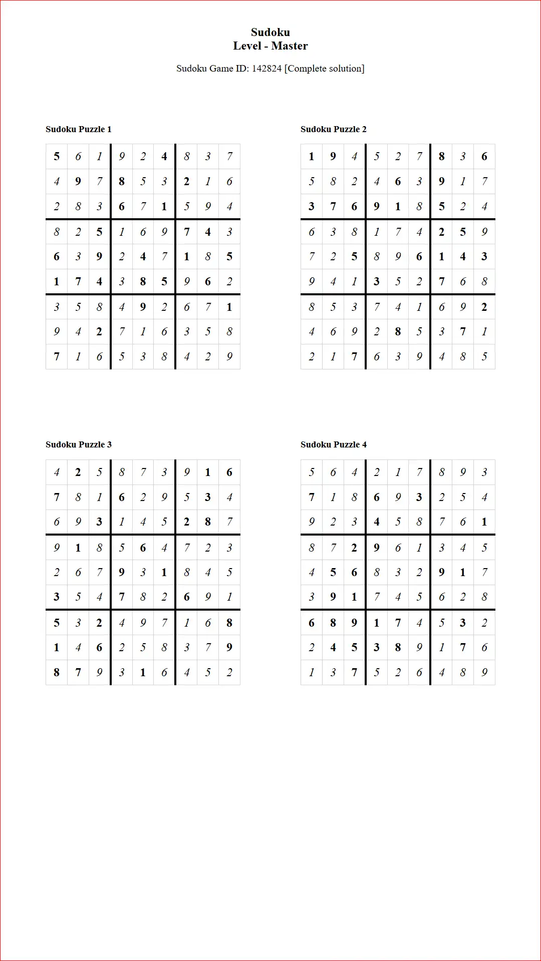 Solution of Sudoku Puzzles 4 per Page Master Level pdf [Game ID: 142824] Document