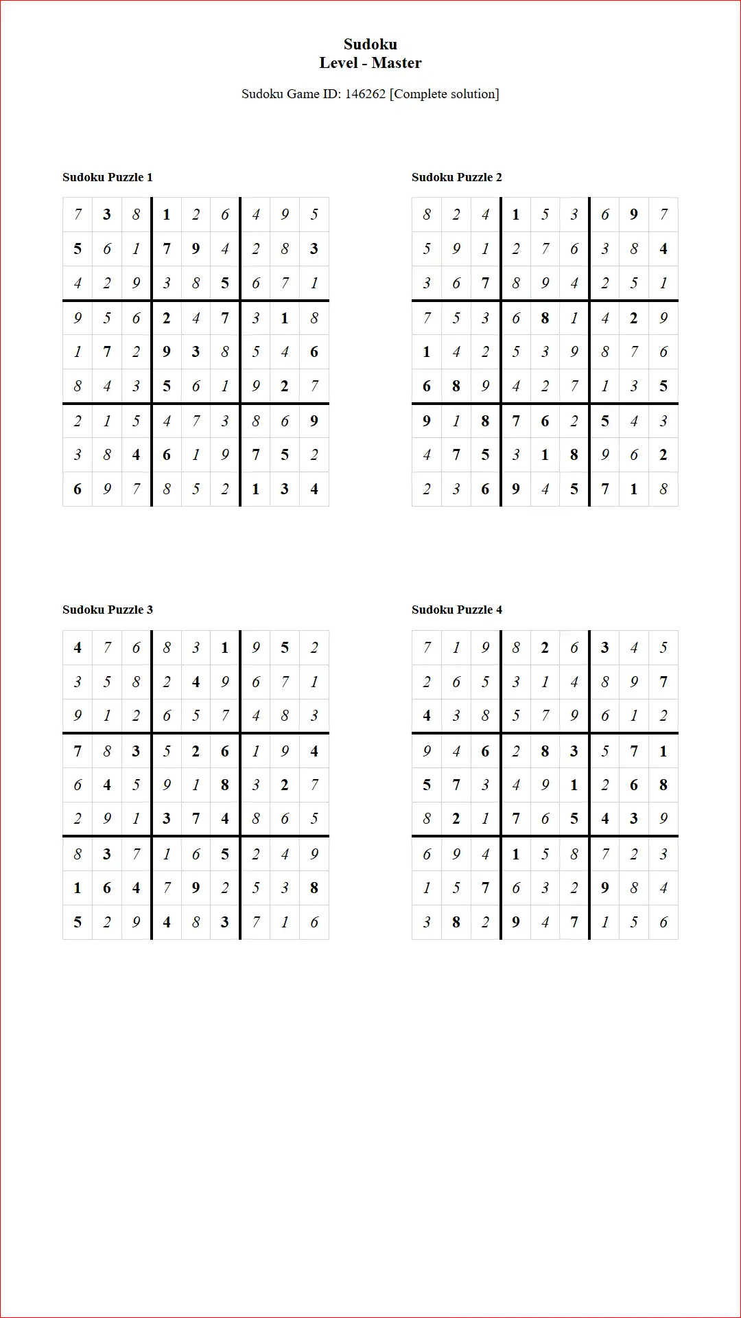 Solution of Sudoku Puzzles 4 per Page Master Level pdf [Game ID: 146262] Document