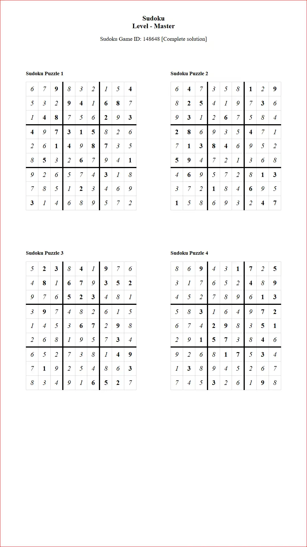Solution of Sudoku Puzzles 4 per Page Master Level pdf [Game ID: 148648] Document