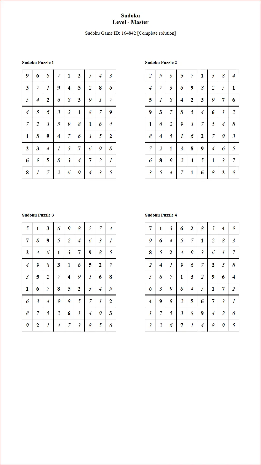 Solution of Sudoku Puzzles 4 per Page Master Level pdf [Game ID: 164842] Document