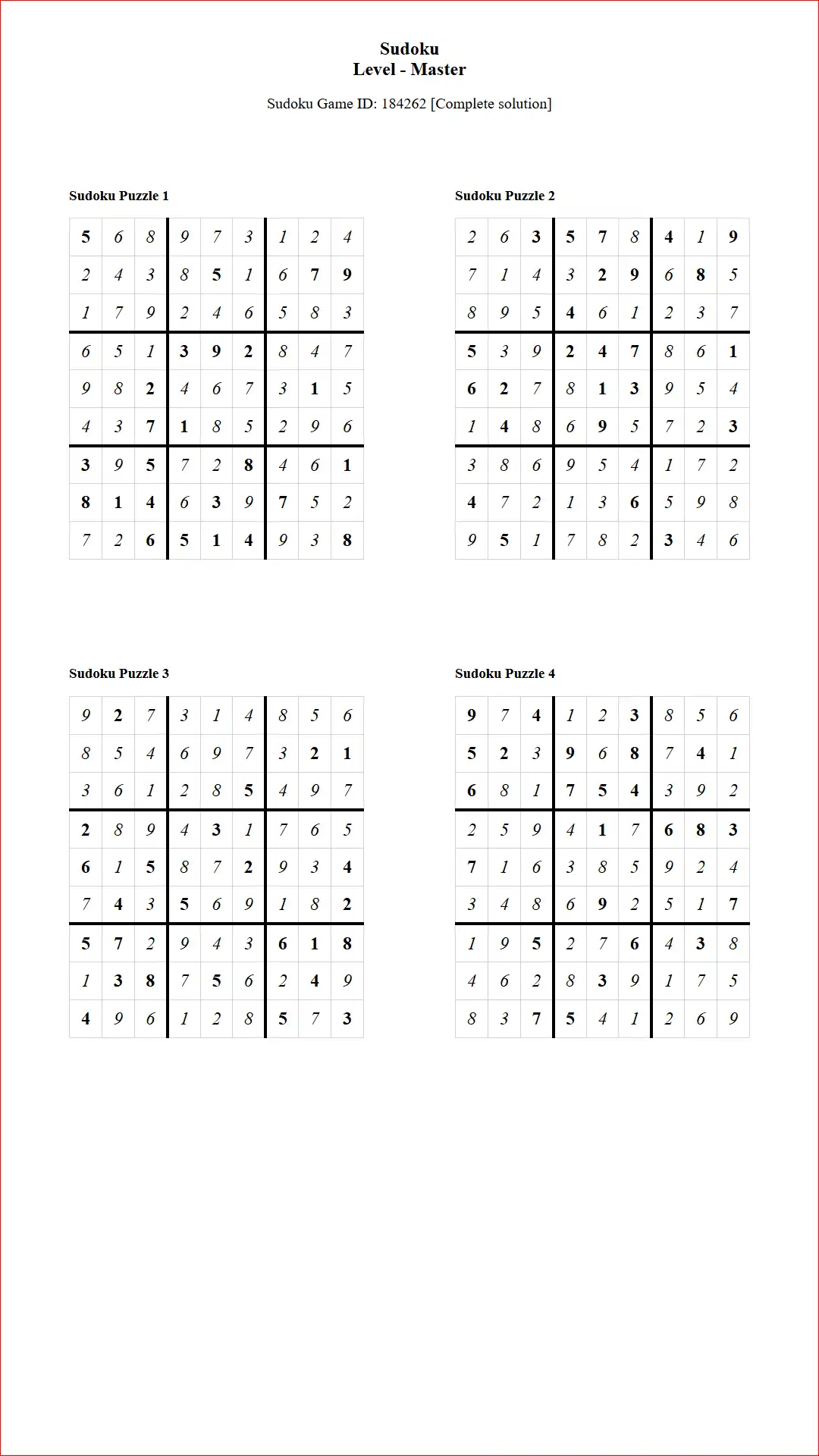 Solution of Sudoku Puzzles 4 per Page Master Level pdf [Game ID: 184262] Document
