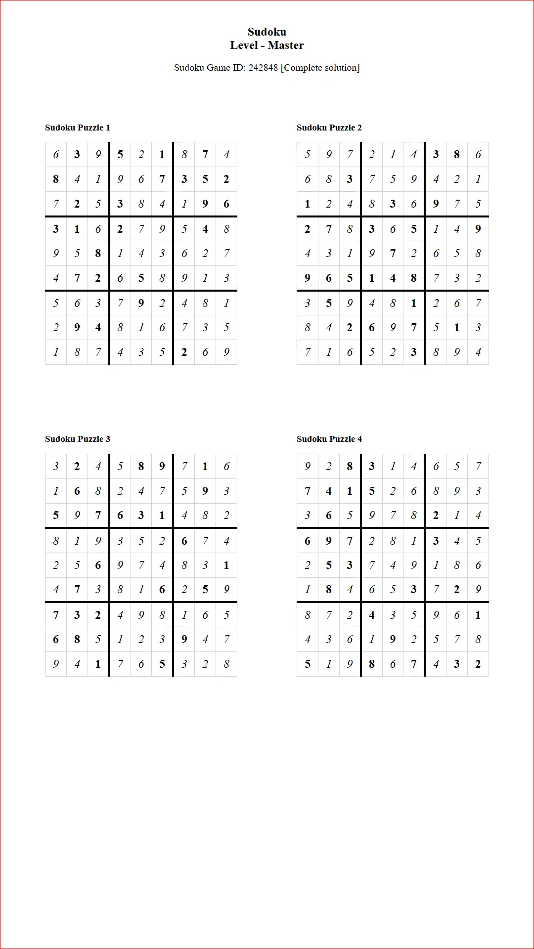 Solution of Sudoku Puzzles 4 per Page Master Level pdf [Game ID: 242848] Document