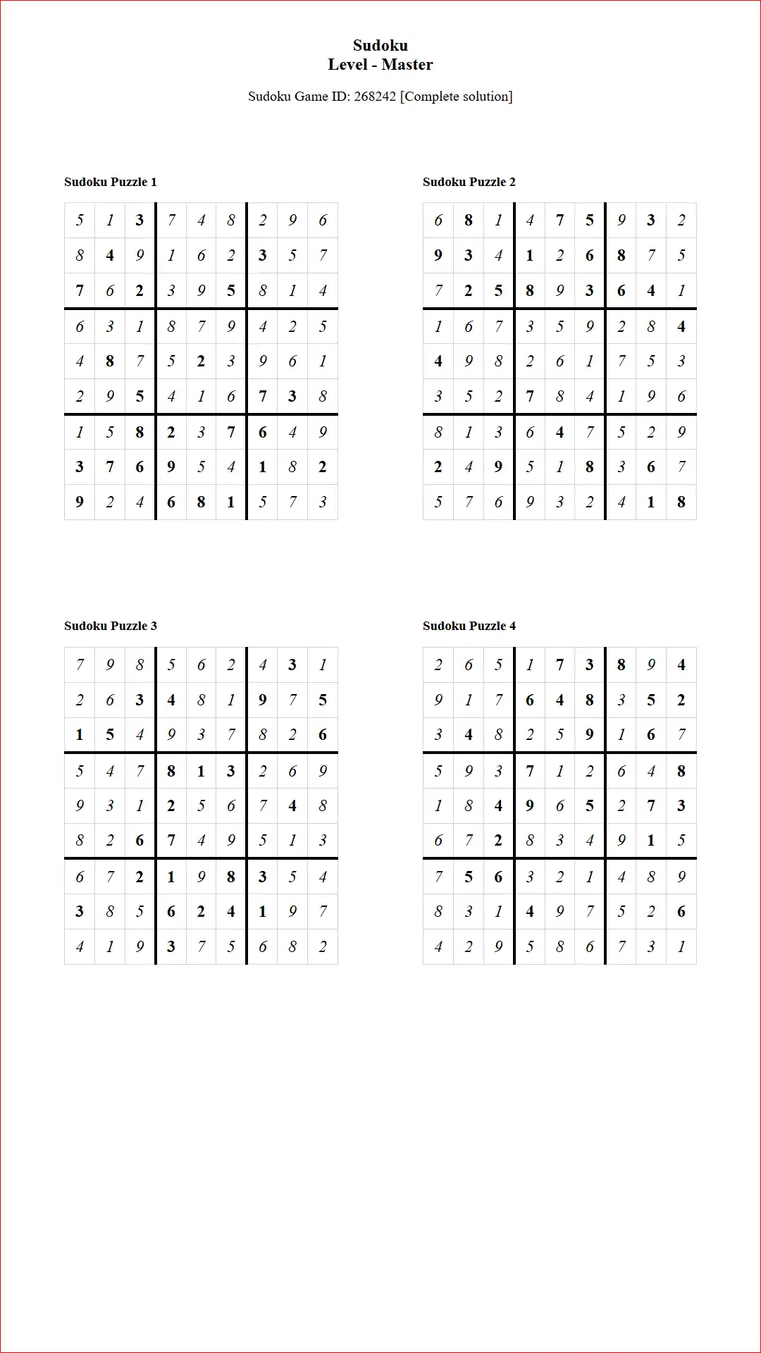 Solution of Sudoku Puzzles 4 per Page Master Level pdf [Game ID: 268242] Document