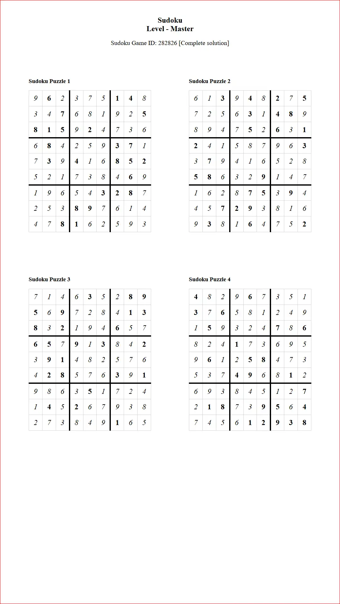 Solution of Sudoku Puzzles 4 per Page Master Level pdf [Game ID: 282826] Document