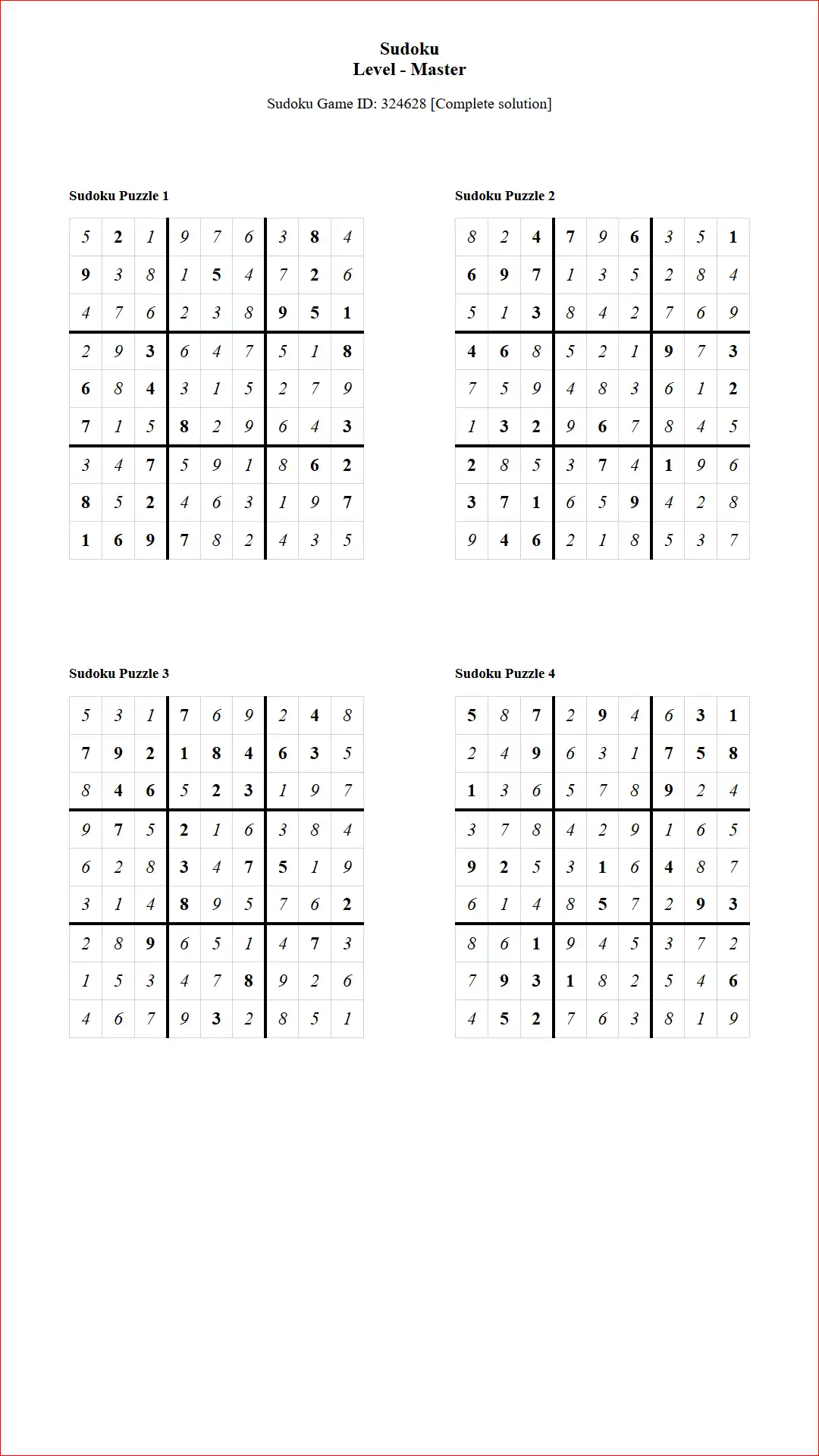 Solution of Sudoku Puzzles 4 per Page Master Level pdf [Game ID: 324628] Document