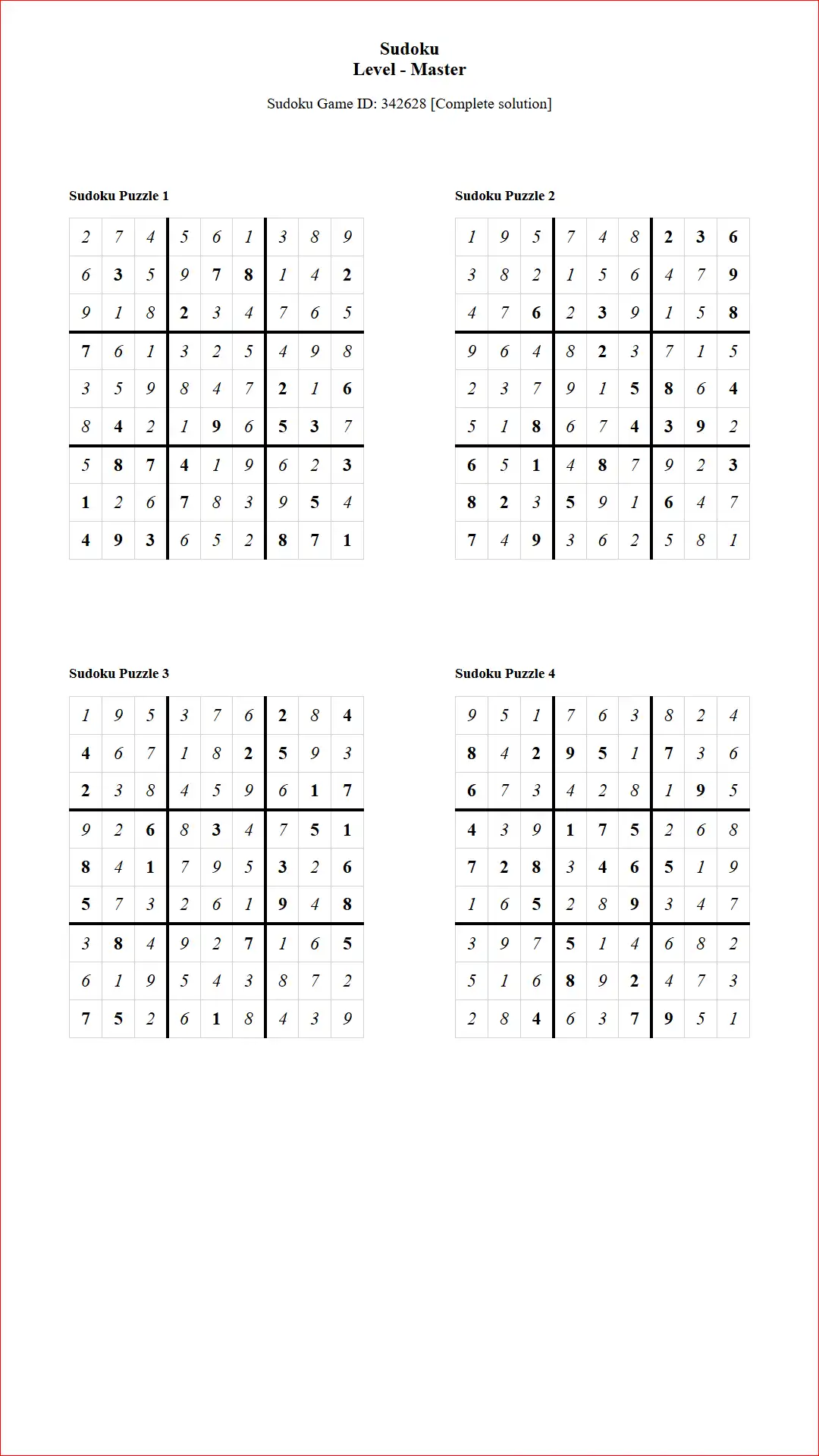 Solution of Sudoku Puzzles 4 per Page Master Level pdf [Game ID: 342628] Document