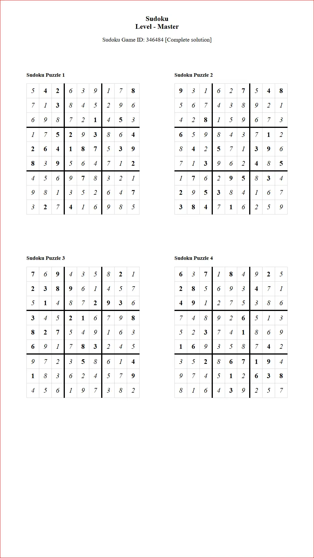 Solution of Sudoku Puzzles 4 per Page Master Level pdf [Game ID: 346484] Document