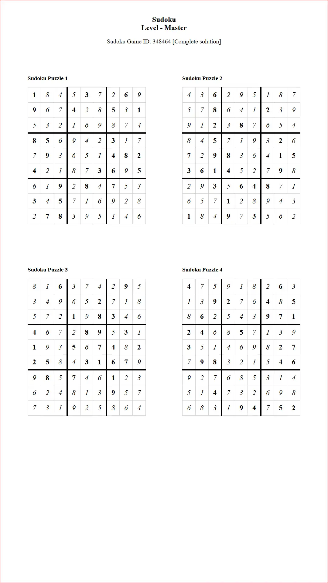 Solution of Sudoku Puzzles 4 per Page Master Level pdf [Game ID: 348464] Document