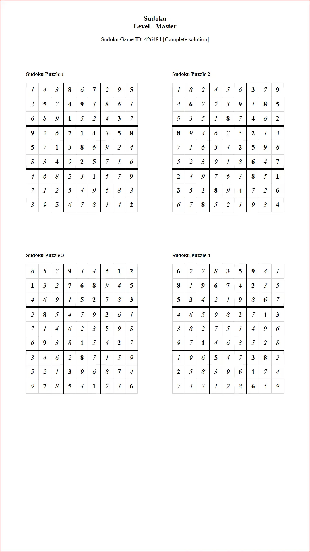 Solution of Sudoku Puzzles 4 per Page Master Level pdf [Game ID: 426484] Document