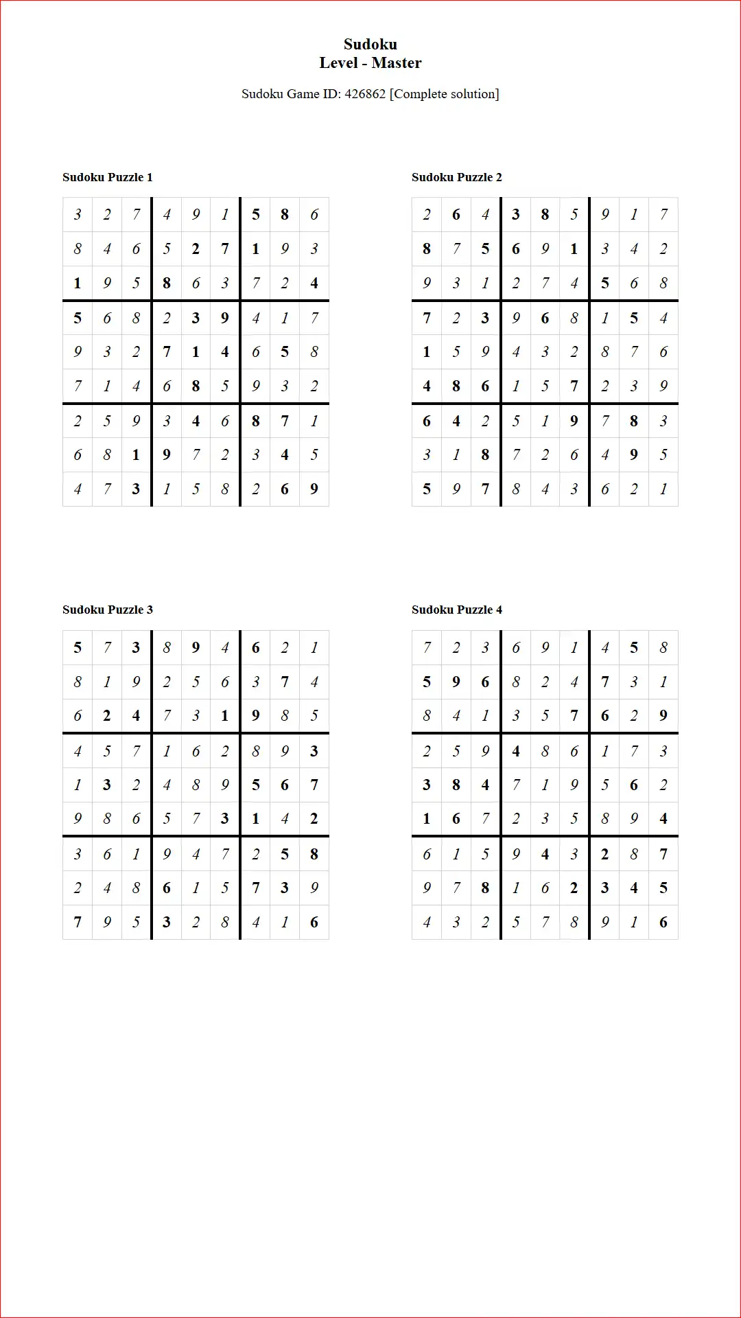 Solution of Sudoku Puzzles 4 per Page Master Level pdf [Game ID: 426862] Document