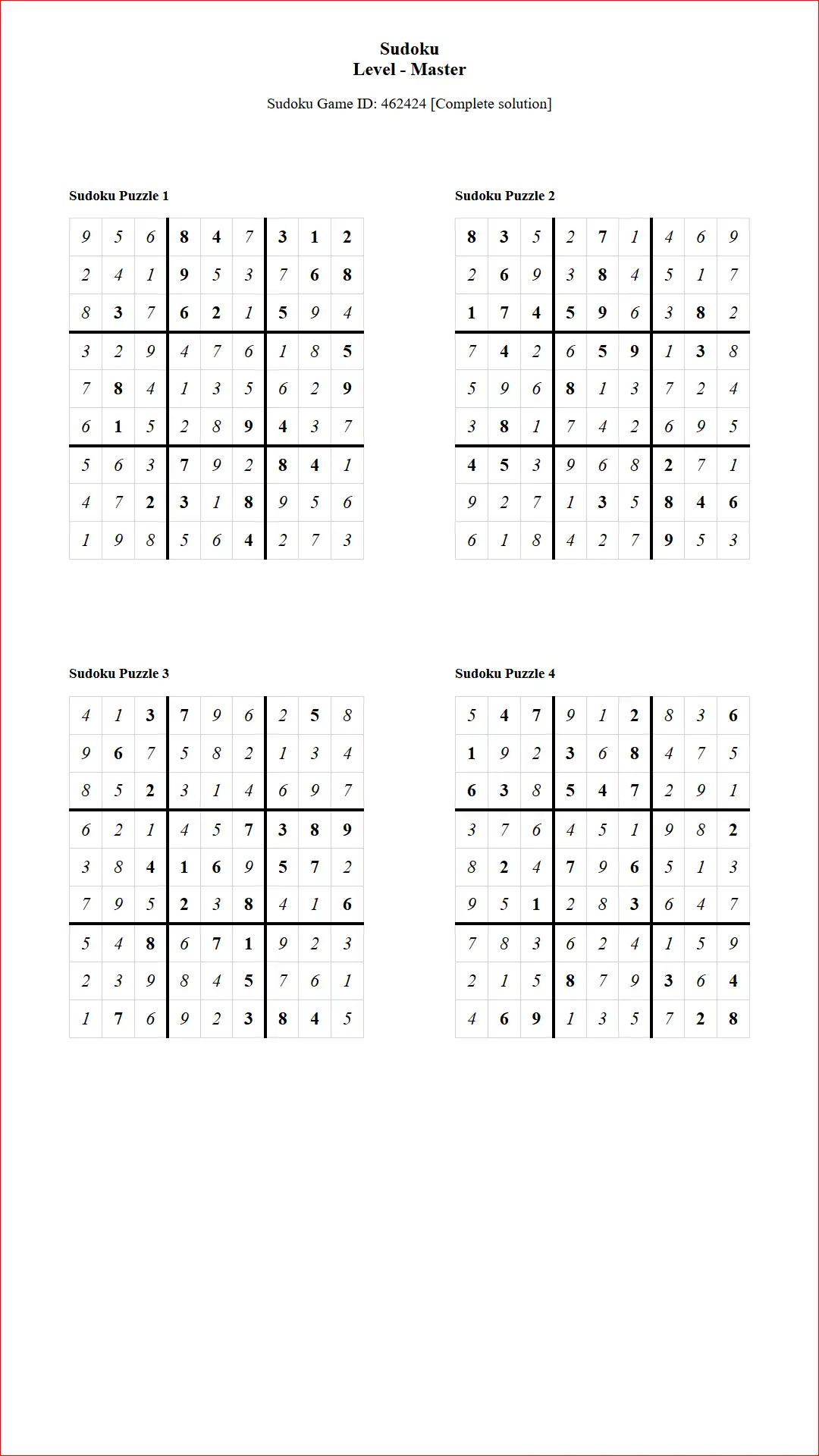 Solution of Sudoku Puzzles 4 per Page Master Level pdf [Game ID: 462424] Document