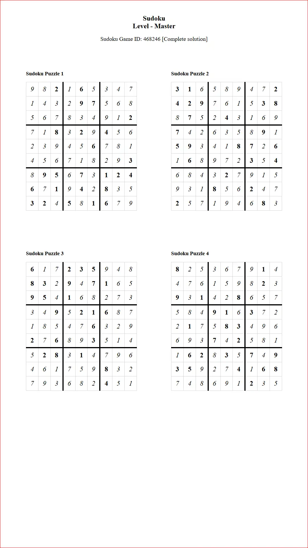 Solution of Sudoku Puzzles 4 per Page Master Level pdf [Game ID: 468246] Document