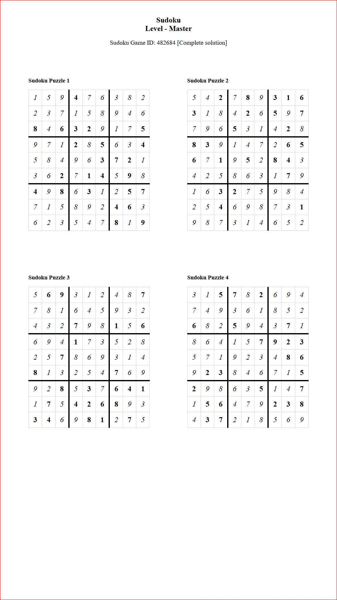 Solution of Sudoku Puzzles 4 per Page Master Level pdf [Game ID: 482684] Document