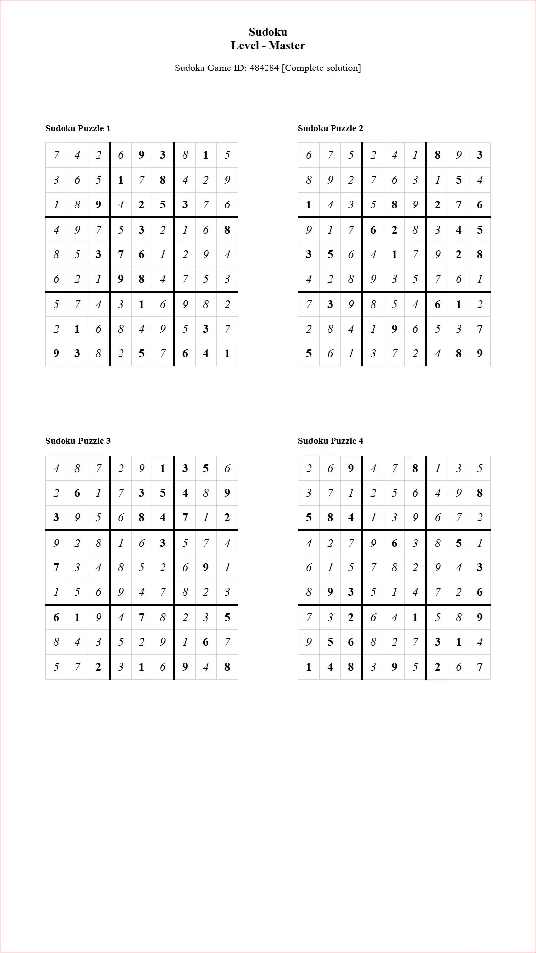 Solution of Sudoku Puzzles 4 per Page Master Level pdf [Game ID: 484284] Document