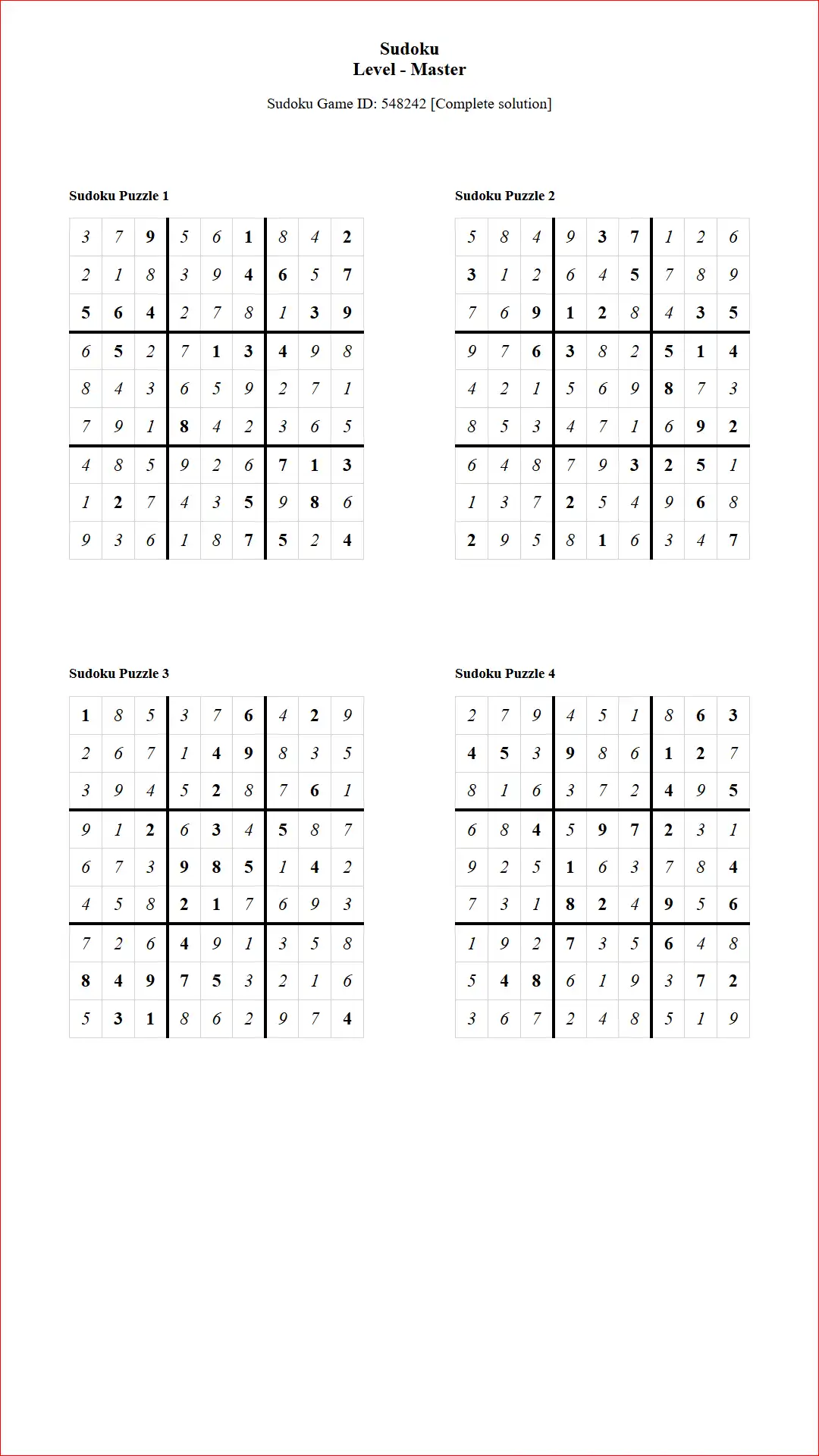 Solution of Sudoku Puzzles 4 per Page Master Level pdf [Game ID: 548242] Document