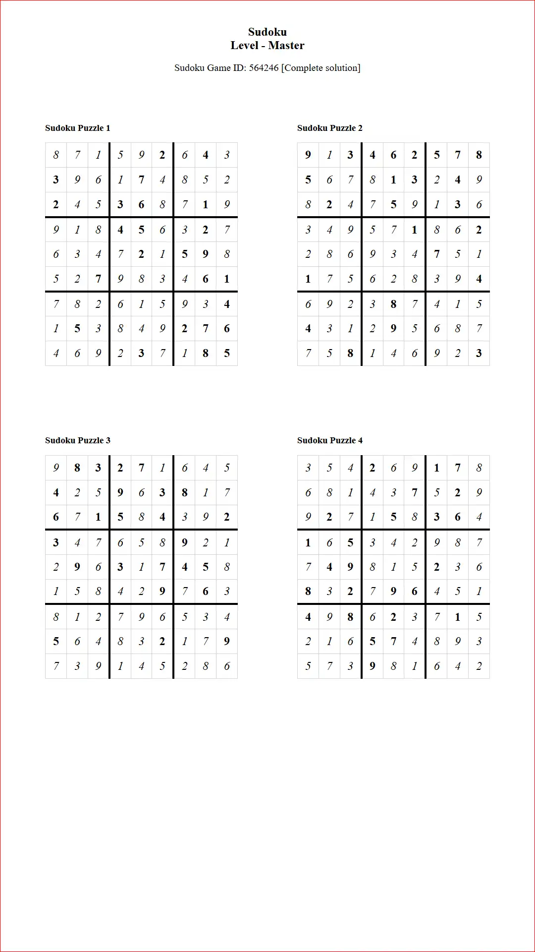 Solution of Sudoku Puzzles 4 per Page Master Level pdf [Game ID: 564246] Document