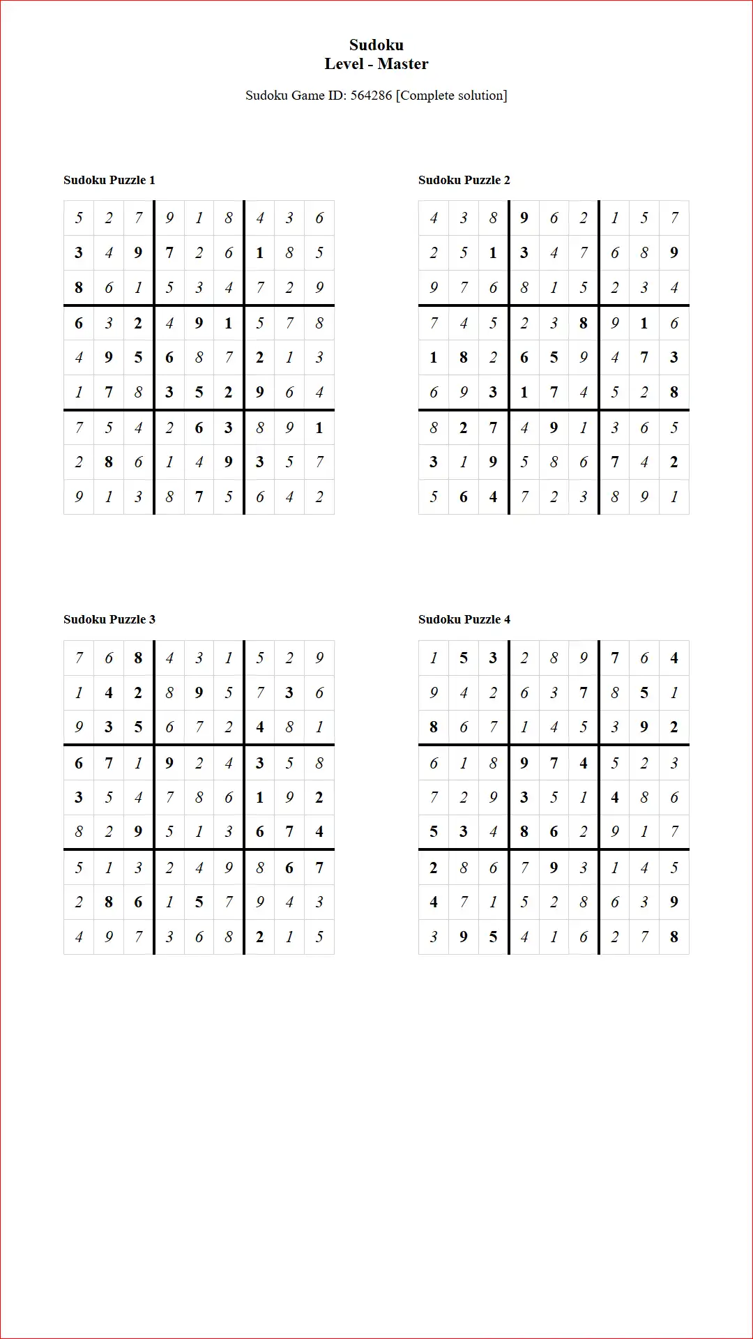 Solution of Sudoku Puzzles 4 per Page Master Level pdf [Game ID: 564286] Document