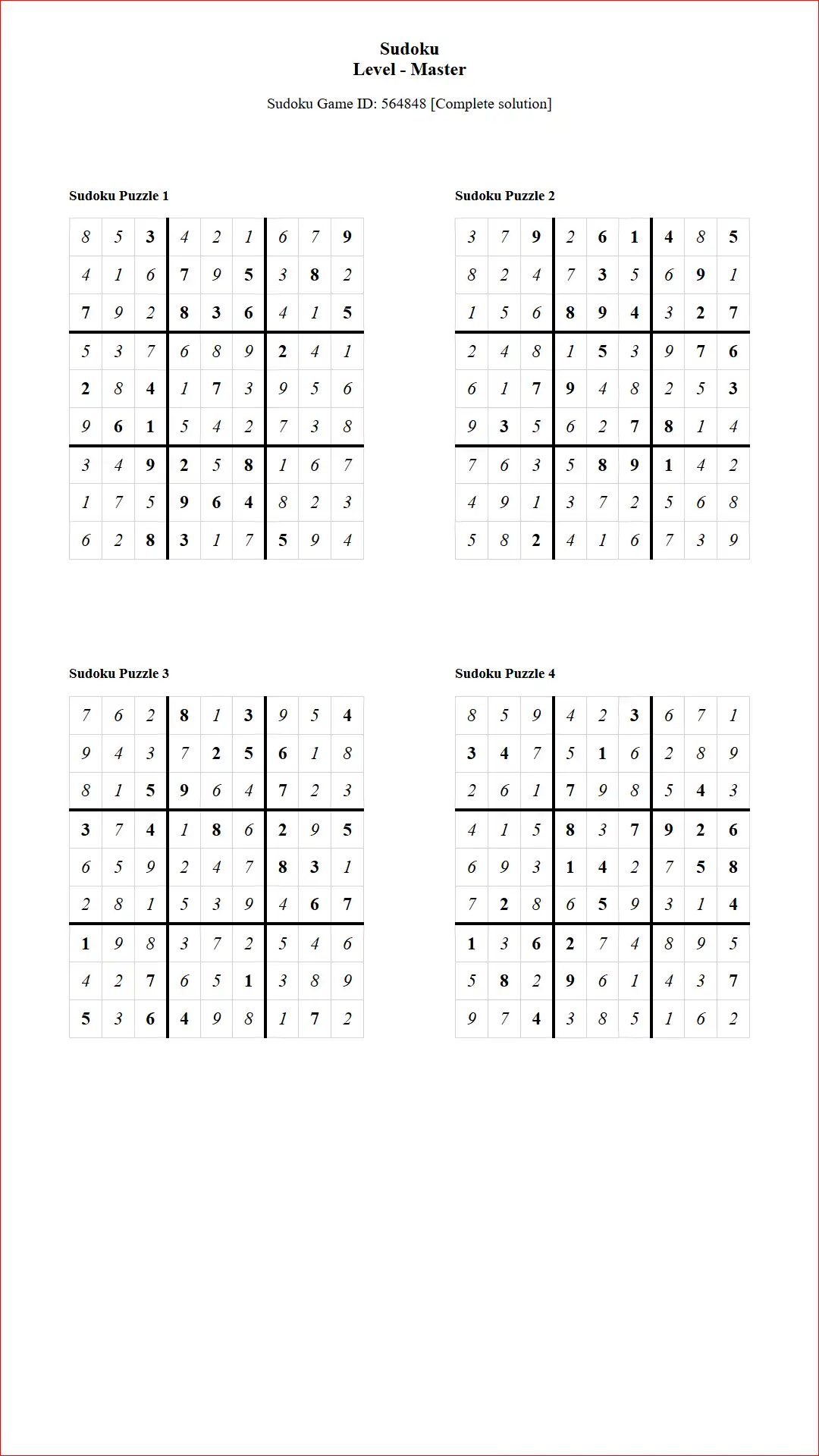 Solution of Sudoku Puzzles 4 per Page Master Level pdf [Game ID: 564848] Document
