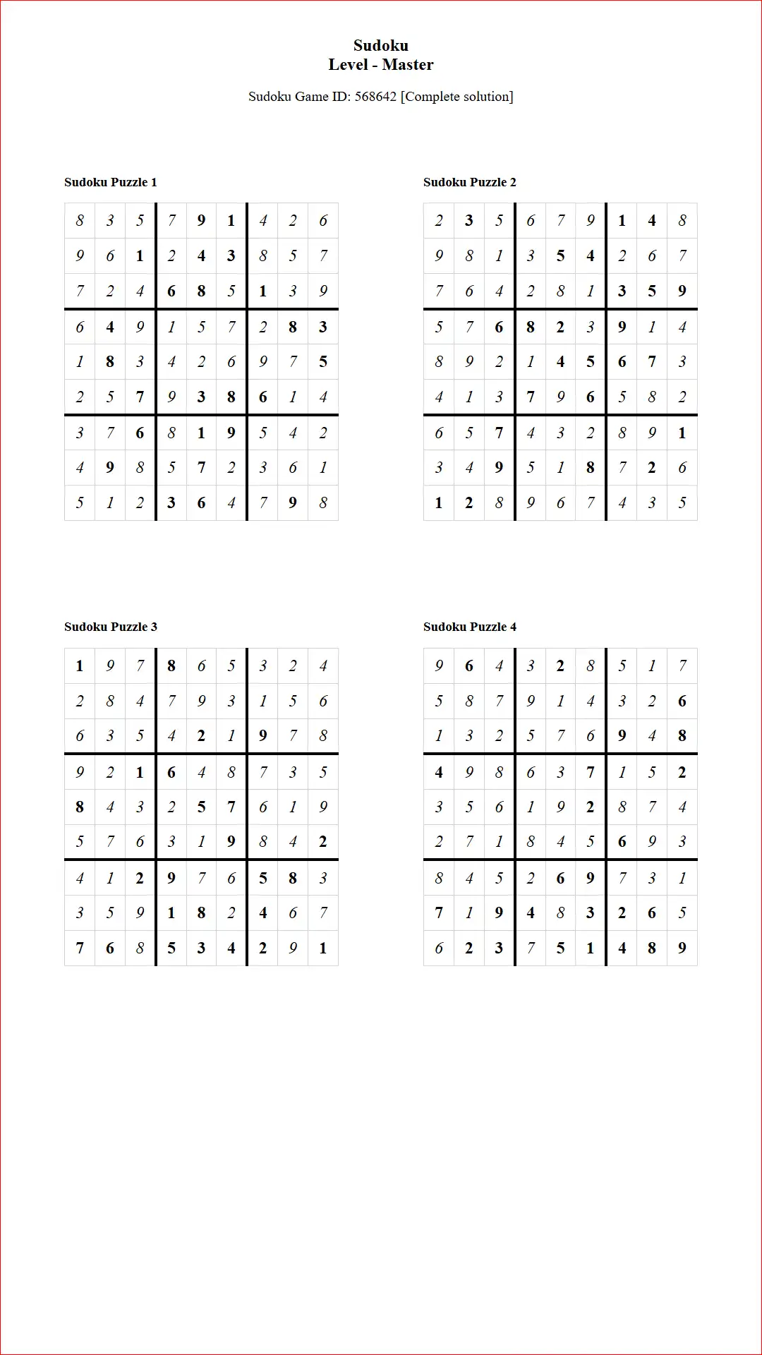 Solution of Sudoku Puzzles 4 per Page Master Level pdf [Game ID: 568642] Document