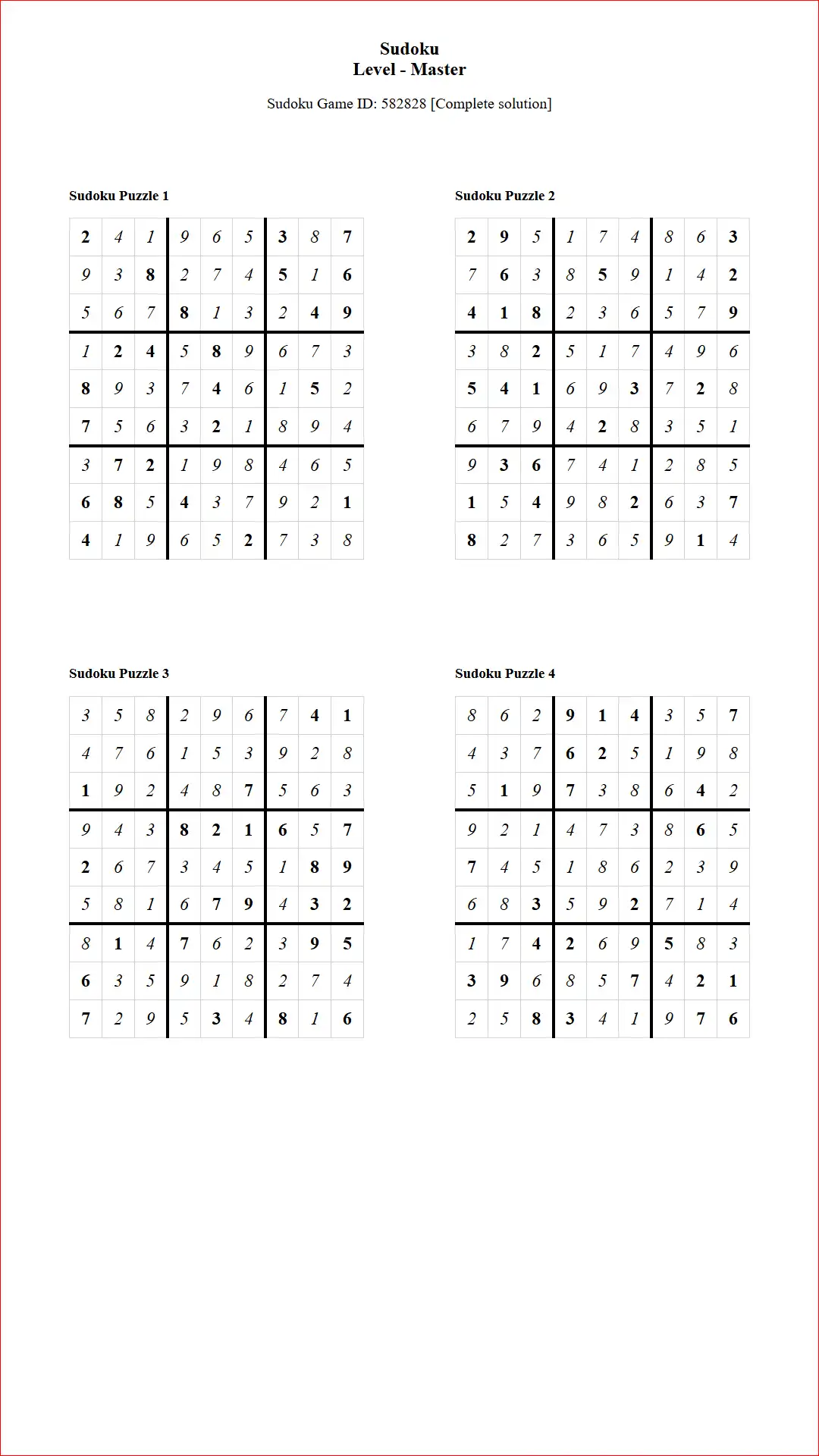 Solution of Sudoku Puzzles 4 per Page Master Level pdf [Game ID: 582828] Document