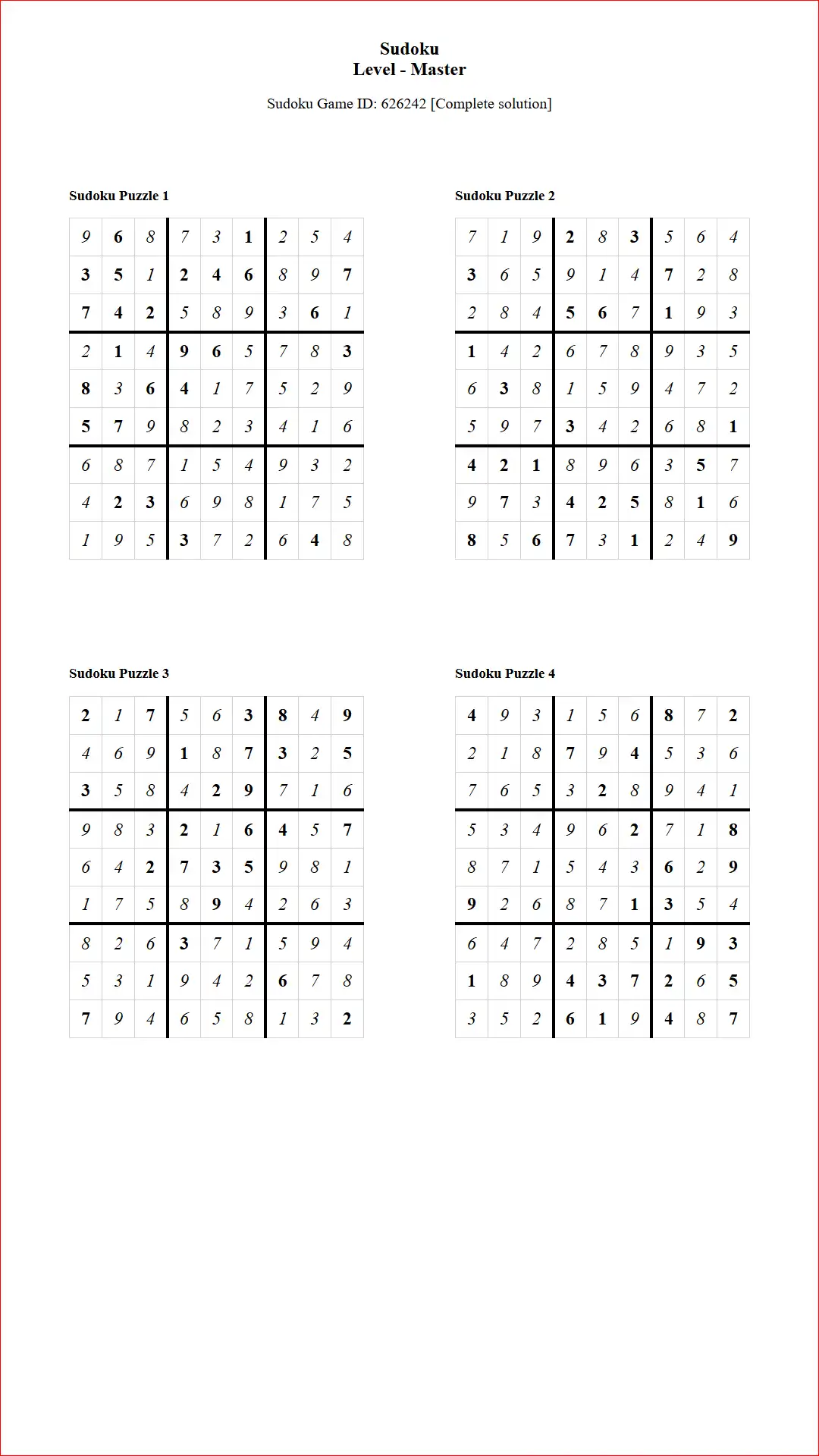Solution of Sudoku Puzzles 4 per Page Master Level pdf [Game ID: 626242] Document