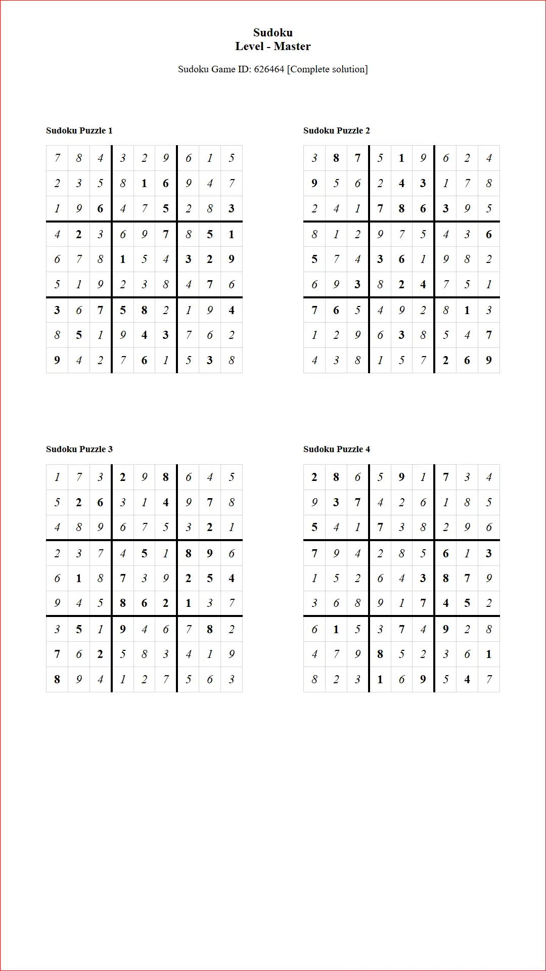 Solution of Sudoku Puzzles 4 per Page Master Level pdf [Game ID: 626464] Document