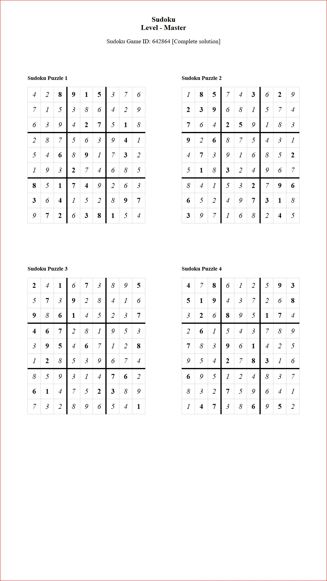 Solution of Sudoku Puzzles 4 per Page Master Level pdf [Game ID: 642864] Document