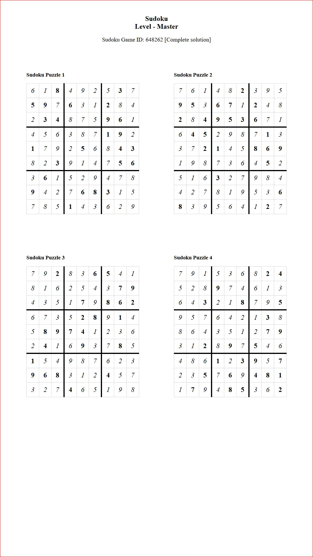 Solution of Sudoku Puzzles 4 per Page Master Level pdf [Game ID: 648262] Document