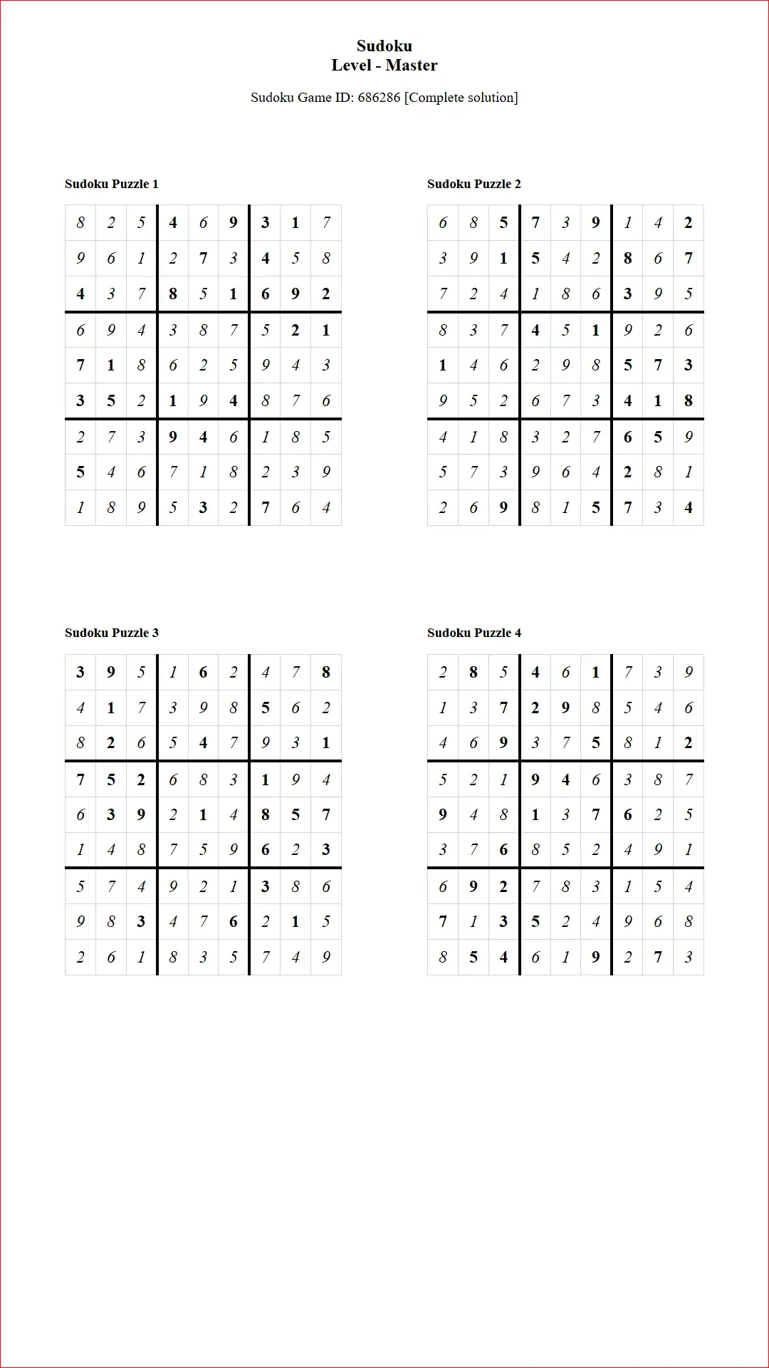 Solution of Sudoku Puzzles 4 per Page Master Level pdf [Game ID: 686286] Document
