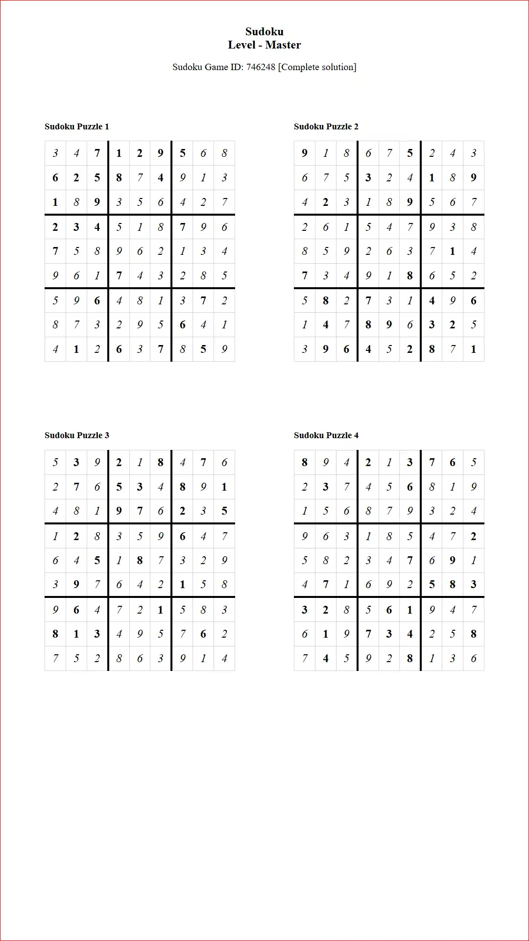 Solution of Sudoku Puzzles 4 per Page Master Level pdf [Game ID: 746248] Document