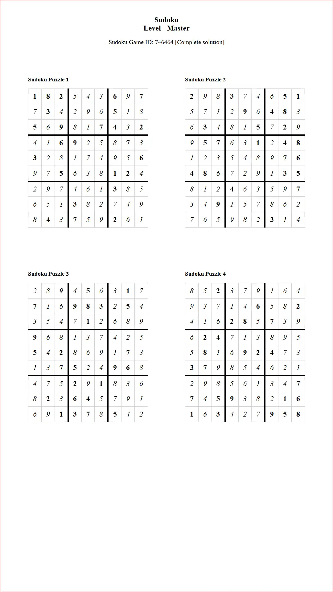 Solution of Sudoku Puzzles 4 per Page Master Level pdf [Game ID: 746464] Document