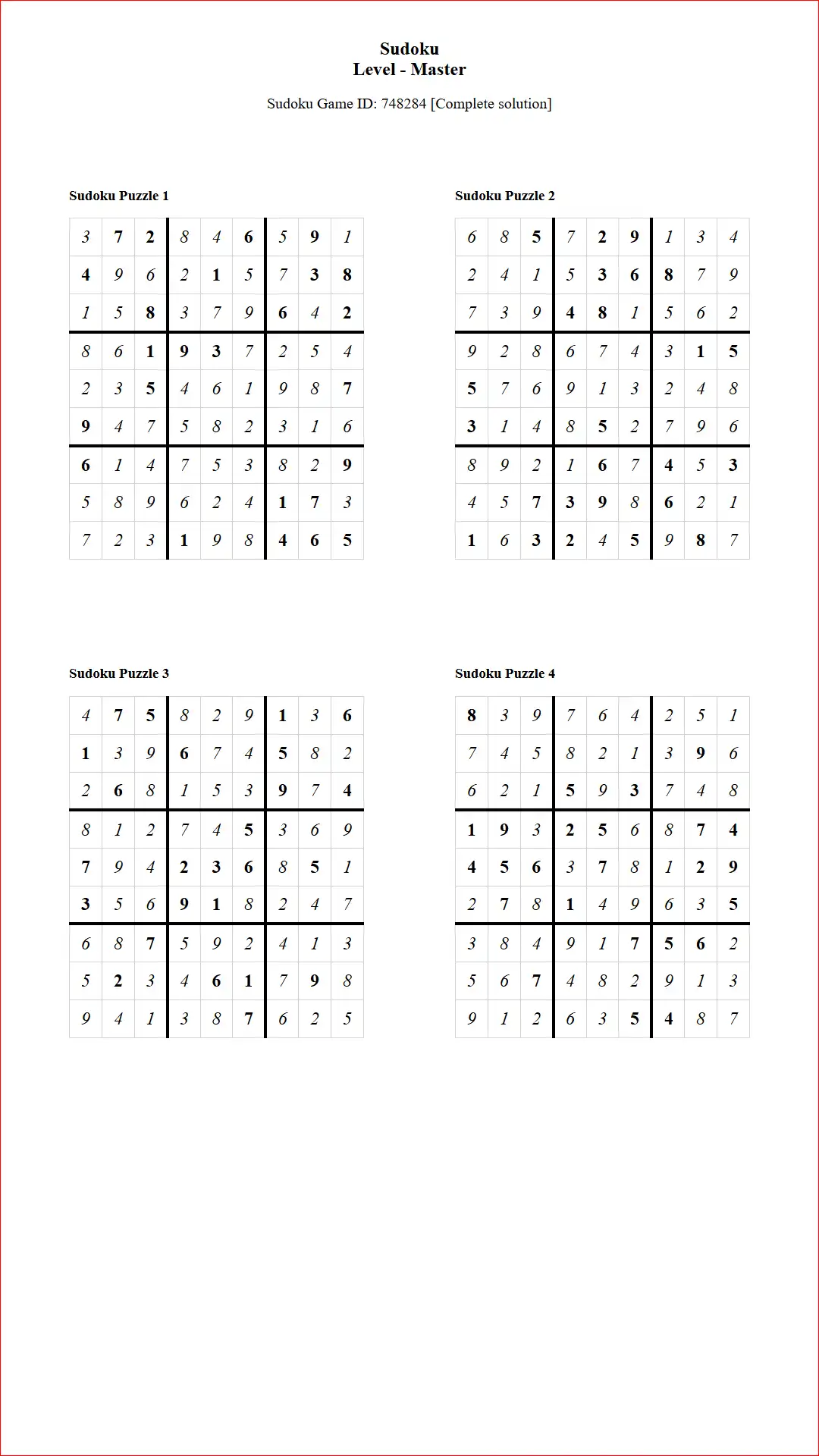Solution of Sudoku Puzzles 4 per Page Master Level pdf [Game ID: 748284] Document