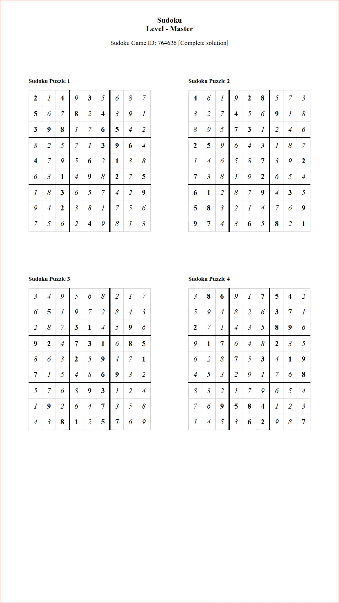 Solution of Sudoku Puzzles 4 per Page Master Level pdf [Game ID: 764626] Document