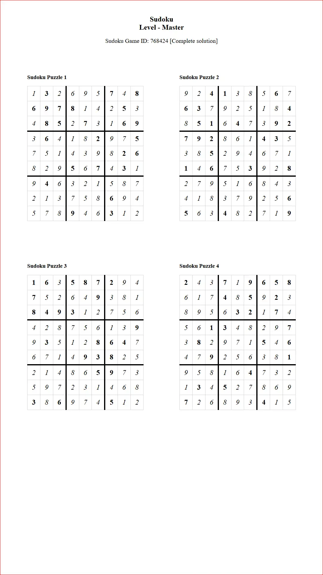 Solution of Sudoku Puzzles 4 per Page Master Level pdf [Game ID: 768424] Document