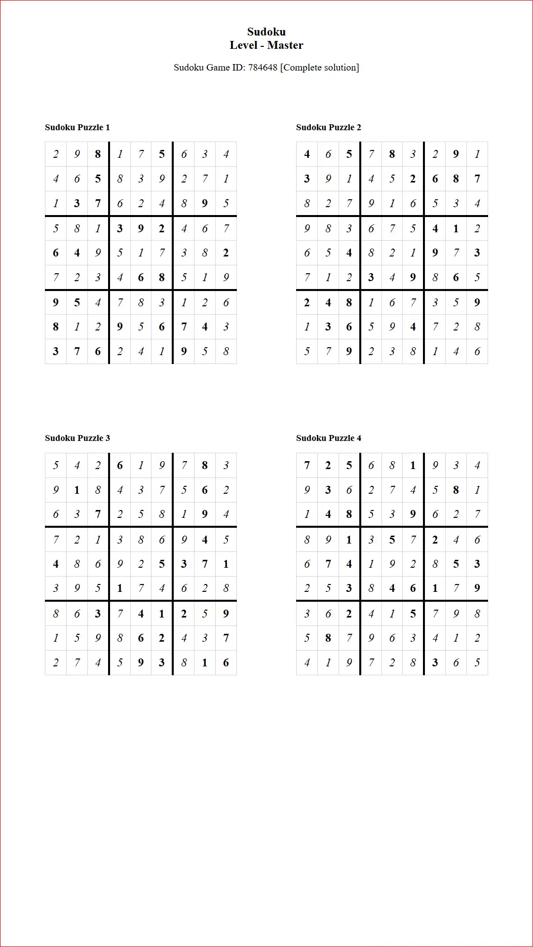 Solution of Sudoku Puzzles 4 per Page Master Level pdf [Game ID: 784648] Document
