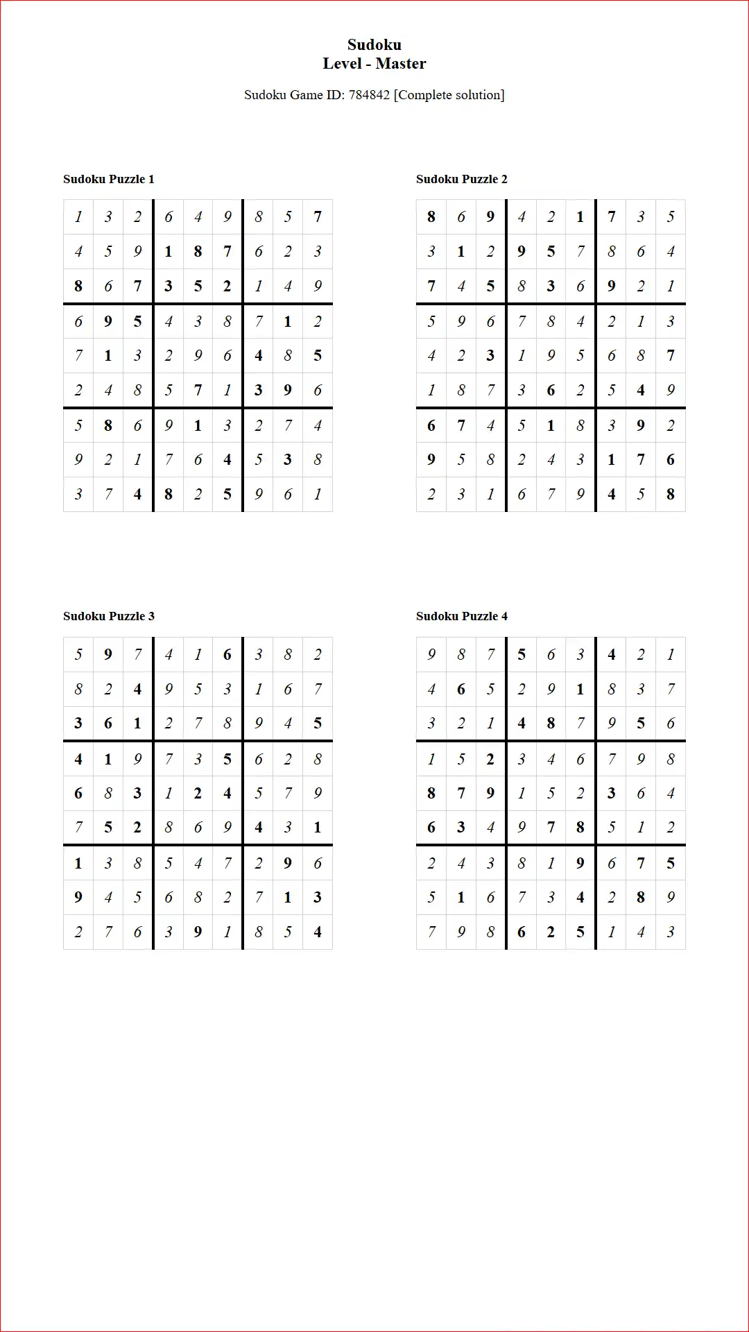 Solution of Sudoku Puzzles 4 per Page Master Level pdf [Game ID: 784842] Document