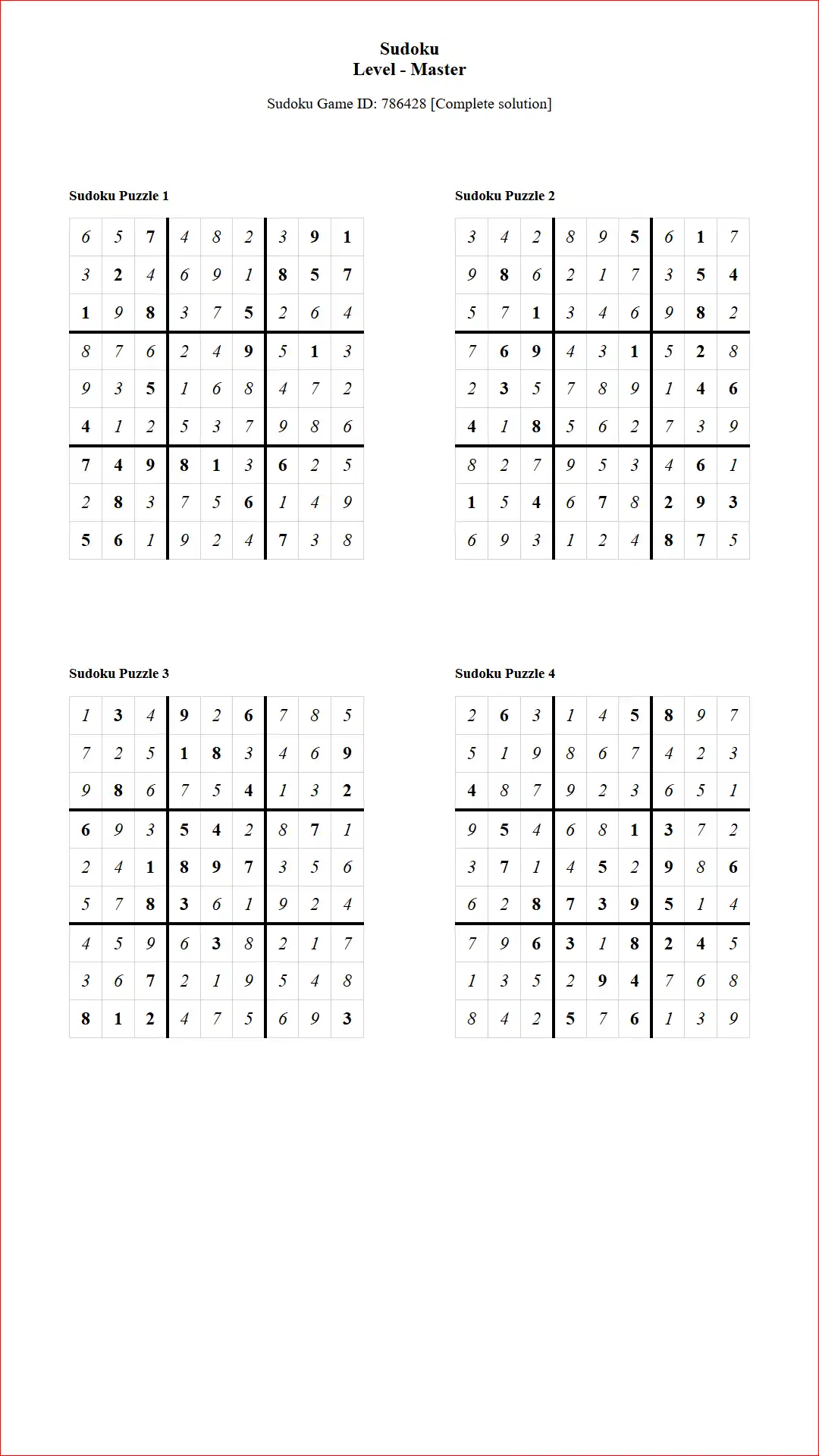 Solution of Sudoku Puzzles 4 per Page Master Level pdf [Game ID: 786428] Document