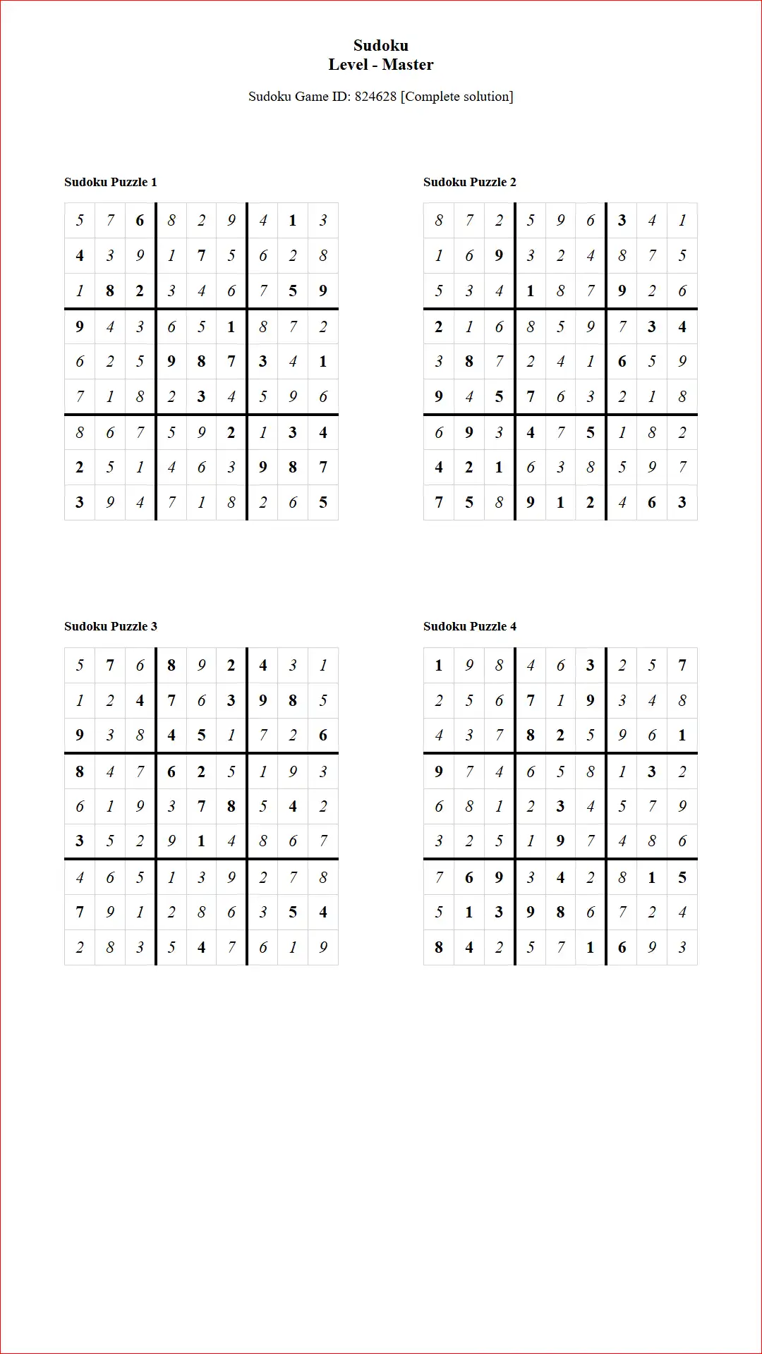 Solution of Sudoku Puzzles 4 per Page Master Level pdf [Game ID: 824628] Document