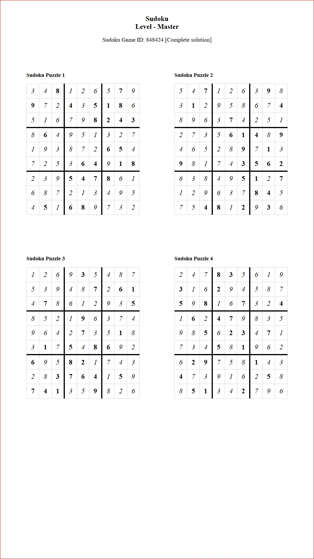 Solution of Sudoku Puzzles 4 per Page Master Level pdf [Game ID: 848424] Document