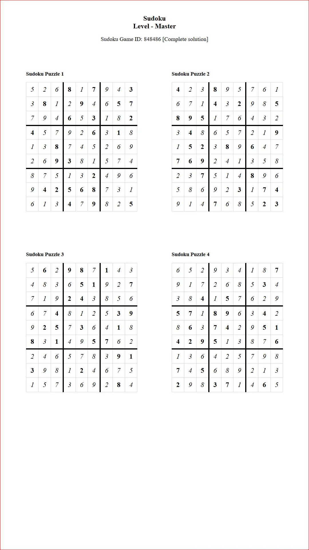 Solution of Sudoku Puzzles 4 per Page Master Level pdf [Game ID: 848486] Document