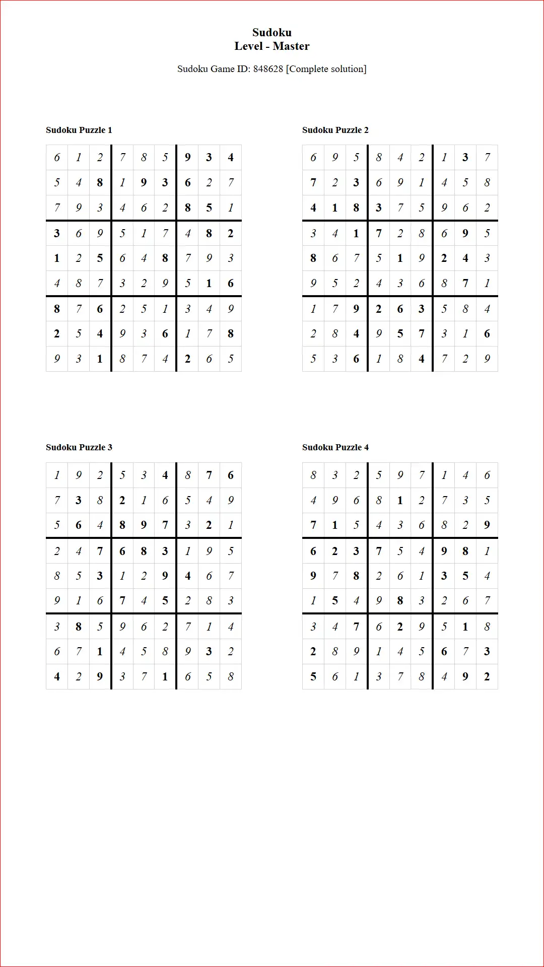 Solution of Sudoku Puzzles 4 per Page Master Level pdf [Game ID: 848628] Document