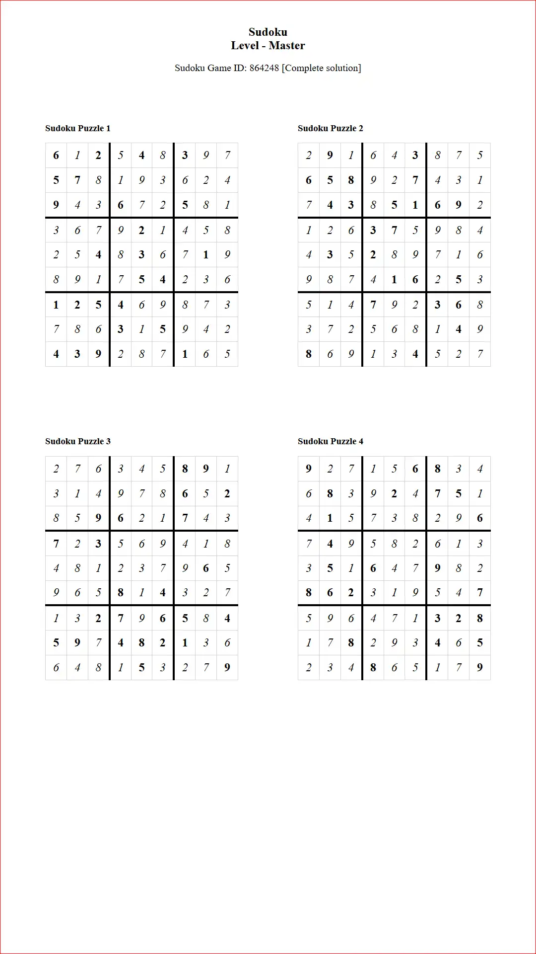 Solution of Sudoku Puzzles 4 per Page Master Level pdf [Game ID: 864248] Document