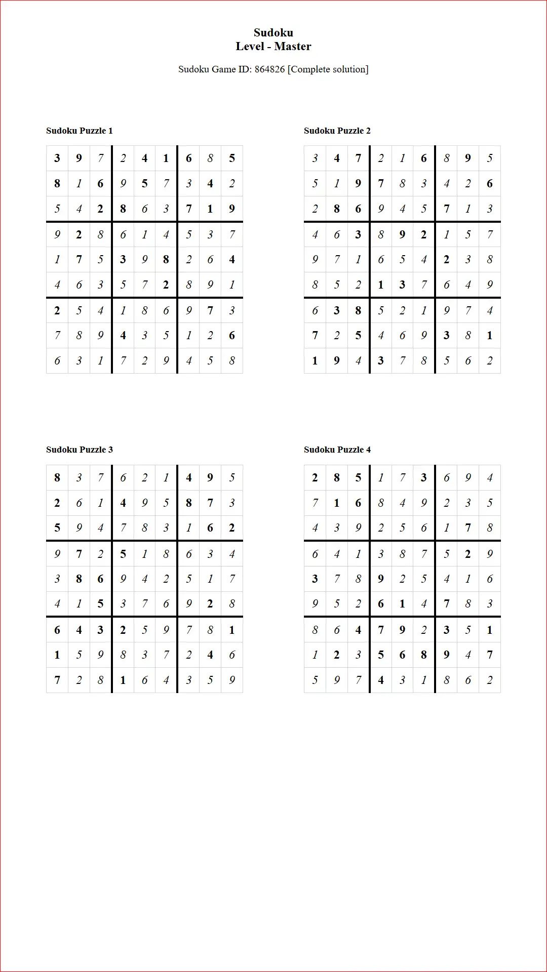 Solution of Sudoku Puzzles 4 per Page Master Level pdf [Game ID: 864826] Document