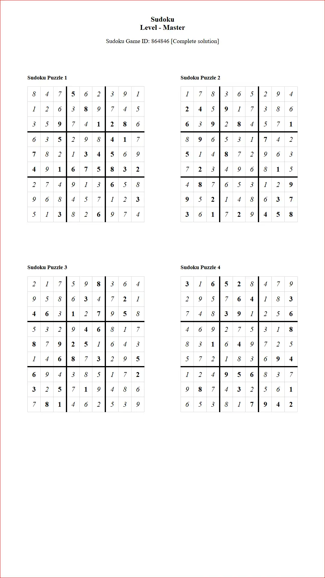 Solution of Sudoku Puzzles 4 per Page Master Level pdf [Game ID: 864846] Document