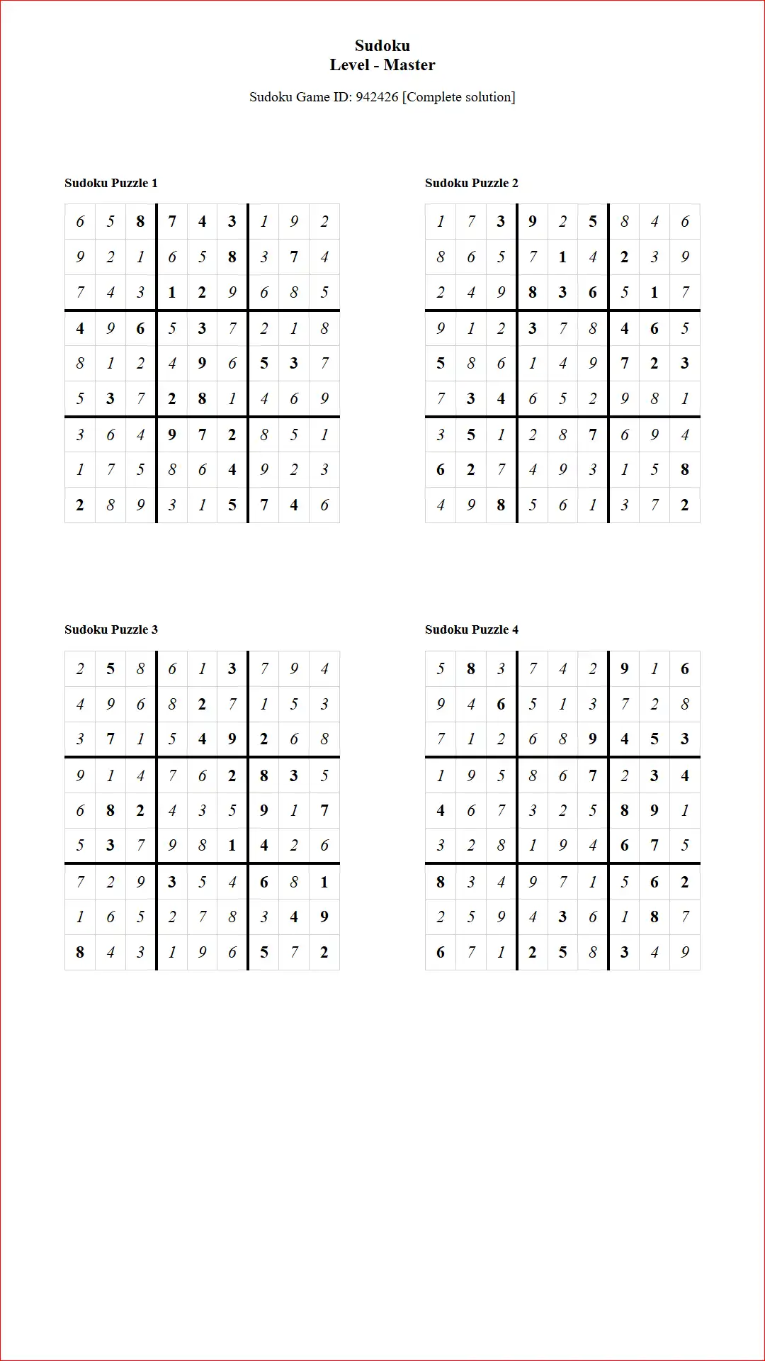 Solution of Sudoku Puzzles 4 per Page Master Level pdf [Game ID: 942426] Document