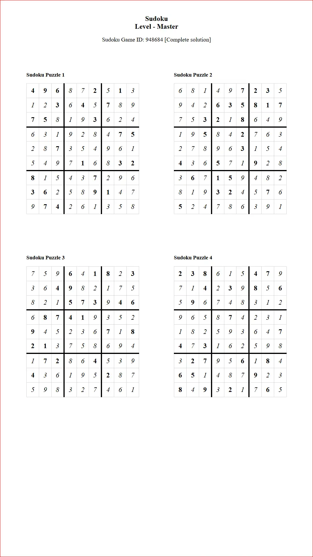 Solution of Sudoku Puzzles 4 per Page Master Level pdf [Game ID: 948684] Document