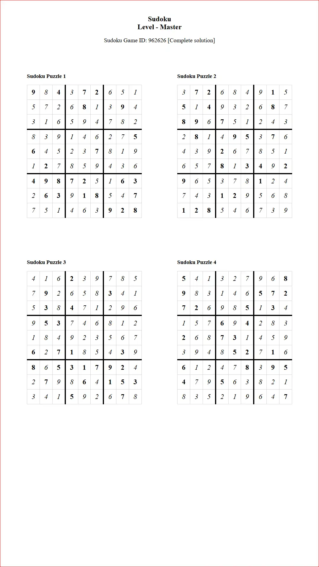 Solution of Sudoku Puzzles 4 per Page Master Level pdf [Game ID: 962626] Document
