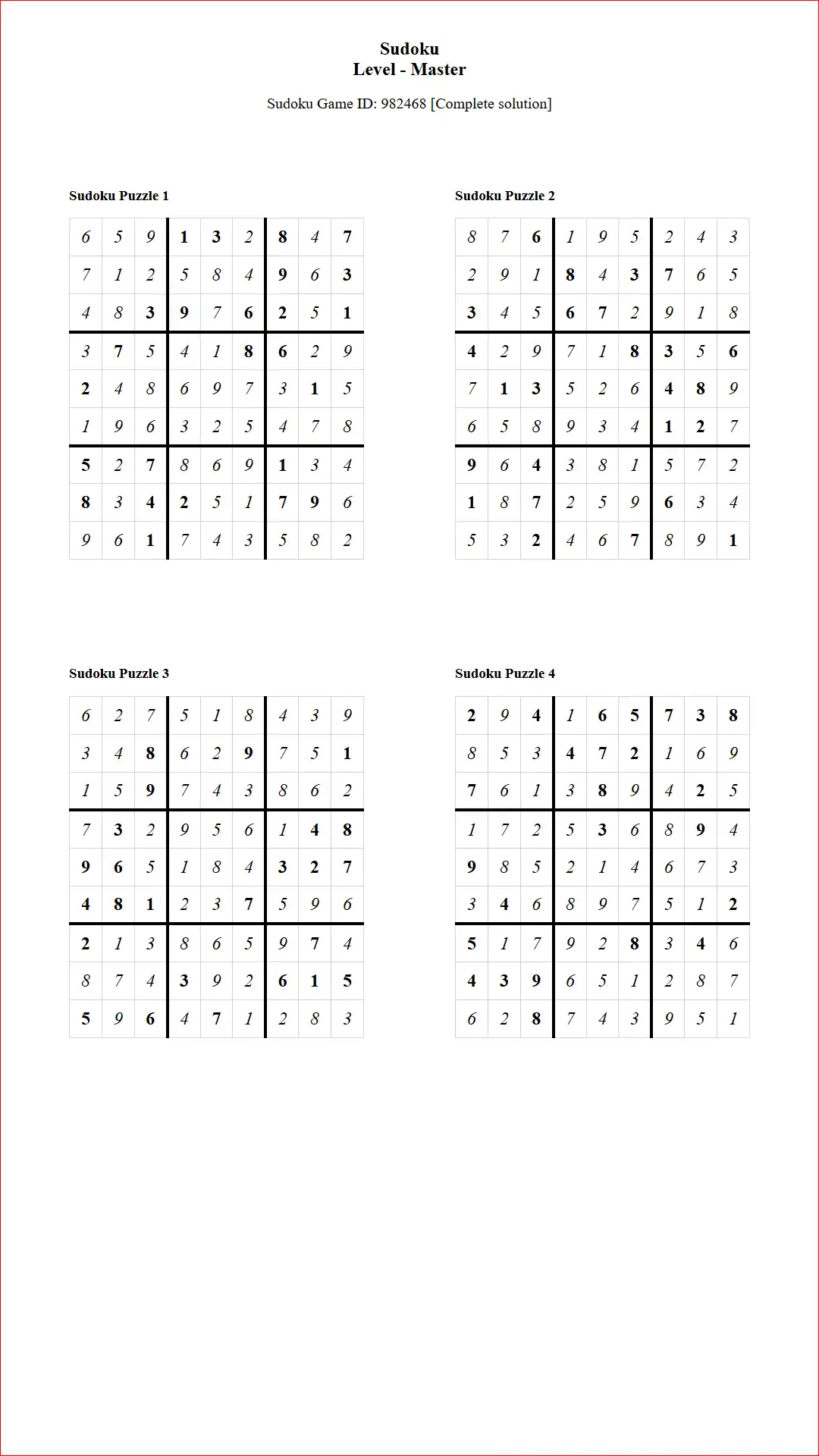Solution of Sudoku Puzzles 4 per Page Master Level pdf [Game ID: 982468] Document